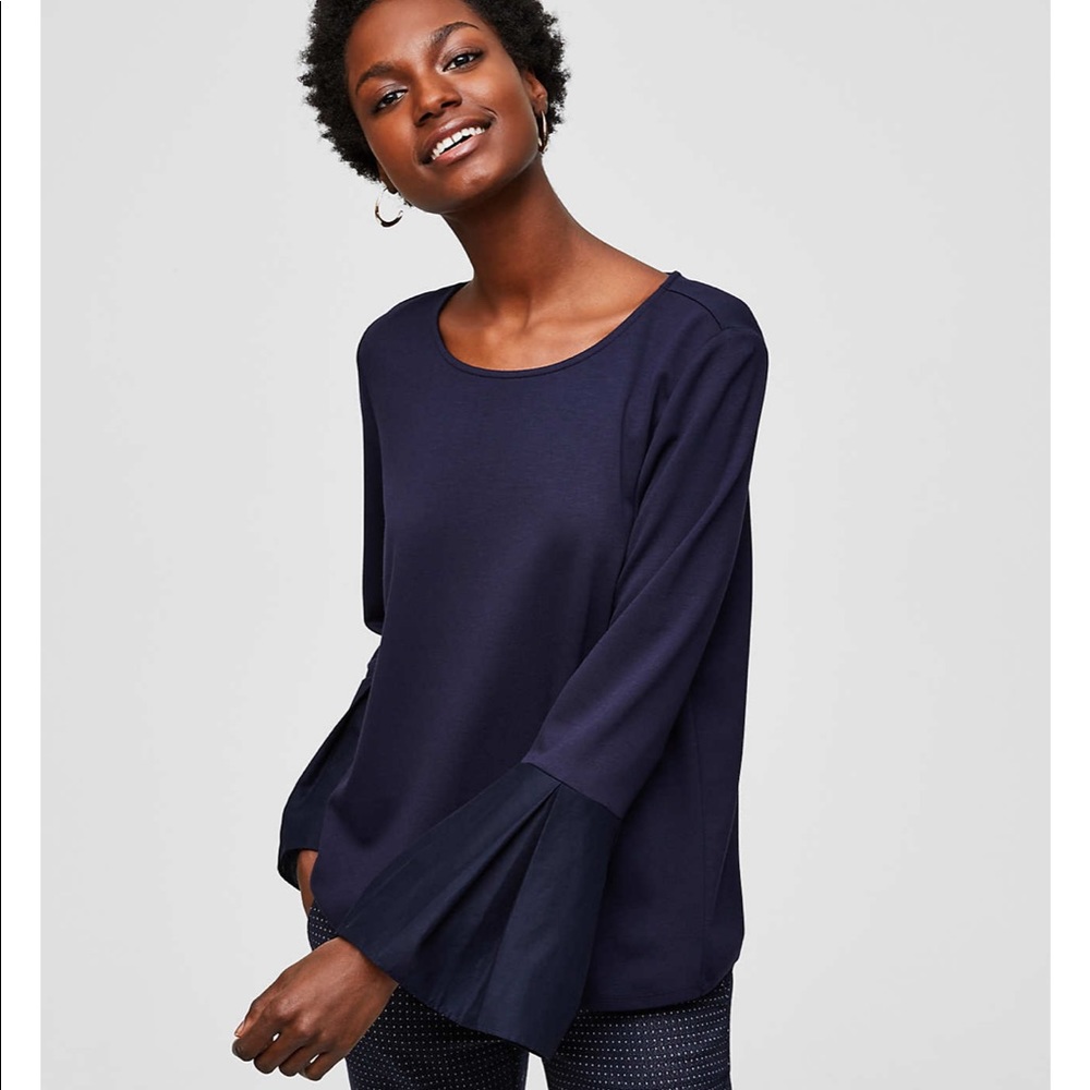 Loft Navy Career Mixed Media Bell Cuff Blouse